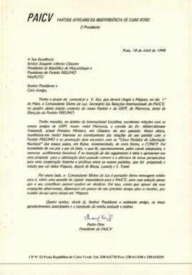 Carta do Presidente do PAICV, Comandante Pedro Pires, ao Presidente da República de Moçambique, Joaquim Alberto Chissano